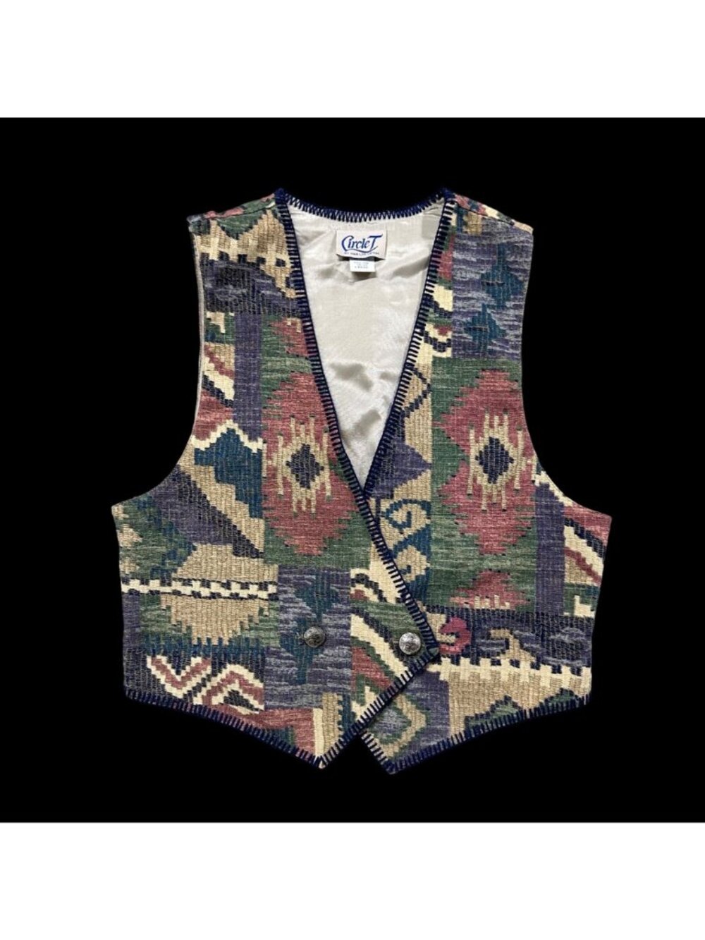 Vintage Western Vest Circle T Marilyn Lenox Large Aztec Tapestry Whip Stitch - Picture 2 of 9